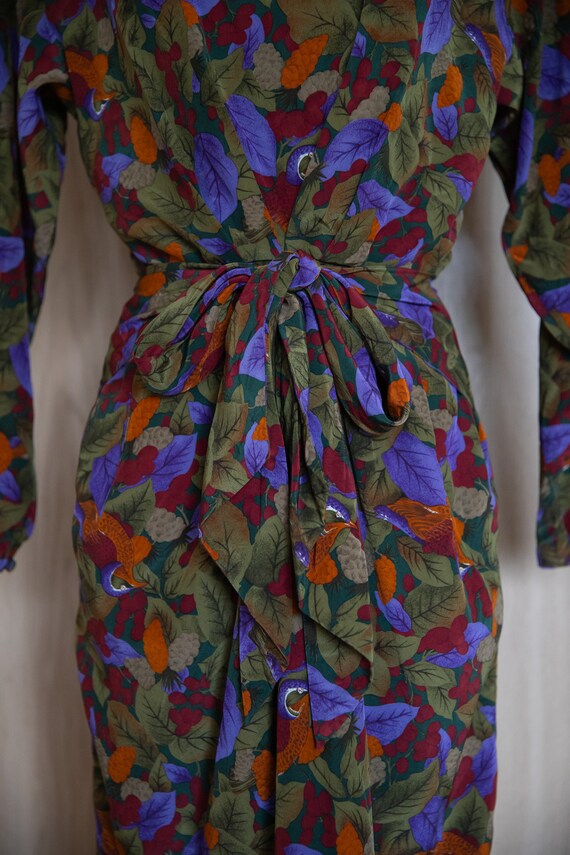 1980s Bird Print Dress / Tulip Skirt / Silk - image 8