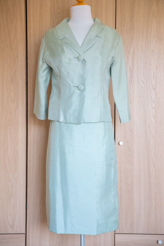 1950s/1960s Ice Blue Silk Skirt Suit // Matching S