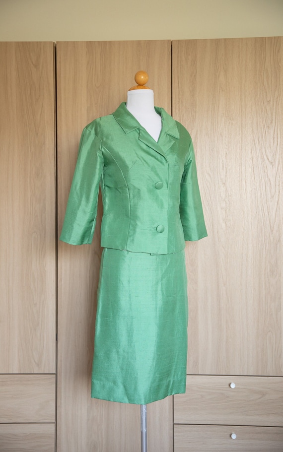 1950s/1960s Kelly Green Silk Skirt Suit // Matchin