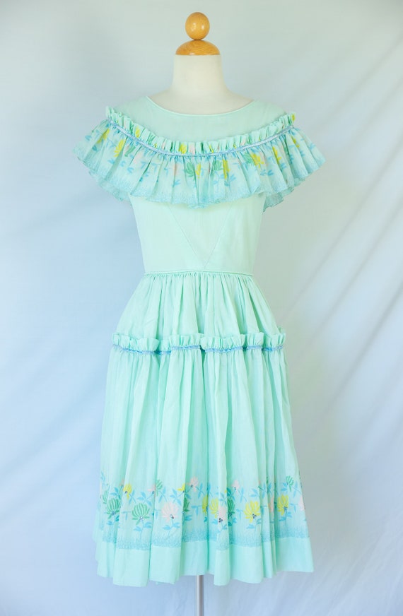 Pastel Green Flounce Dress with Floral Trim and R… - image 2