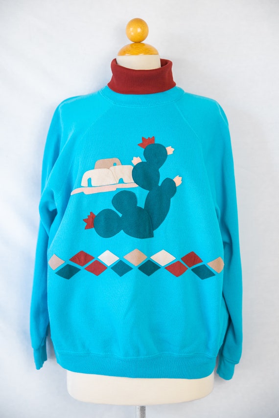 1980s Turquoise Southwest Turtleneck Sweatshirt /… - image 5