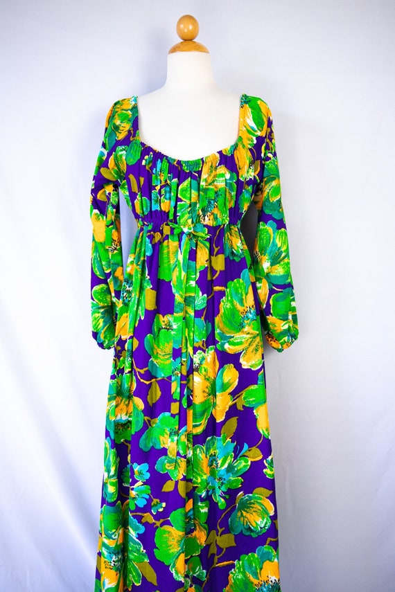 1960's Purple Floral Off The Shoulder Dress / smal