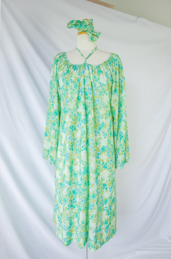 1960's Green Floral Print Dress / Small