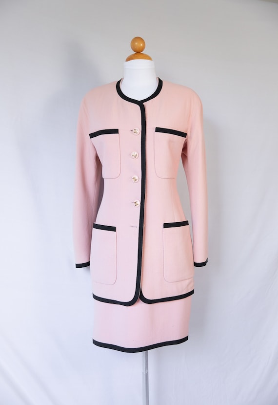 1990s Baby Pink and Black Chanel Suit