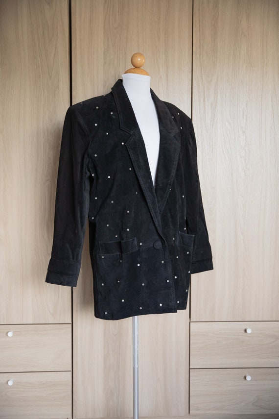 80s Black Suede Rhinestone Oversized Blazer