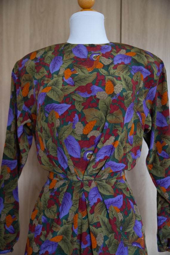 1980s Bird Print Dress / Tulip Skirt / Silk - image 4