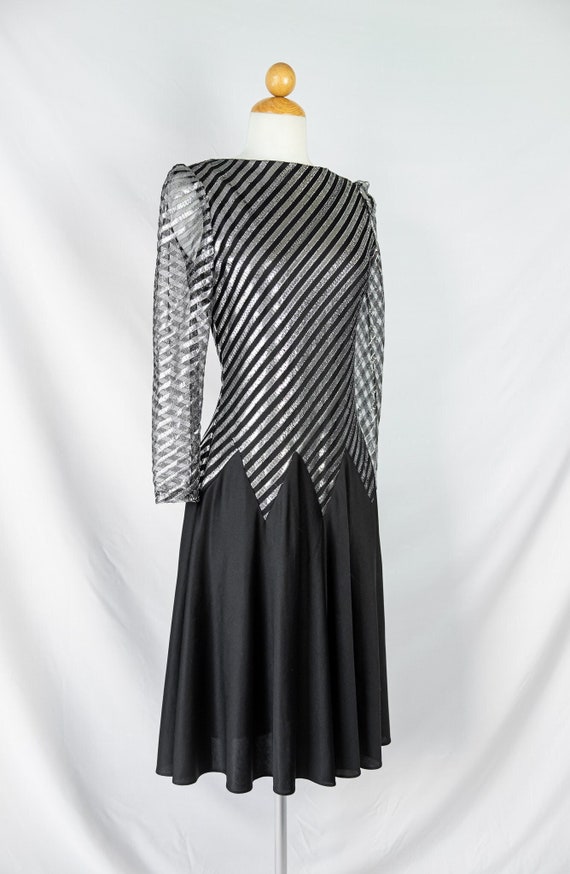 1970s Silver and Black Drop Party Dress / Disco