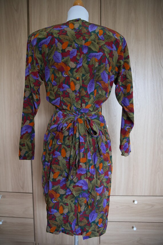1980s Bird Print Dress / Tulip Skirt / Silk - image 10