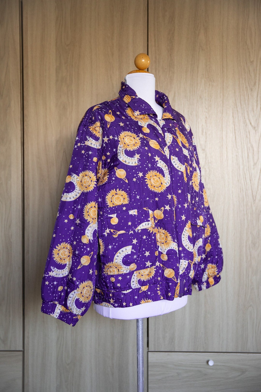 90's Purple Quilted Silk Bomber Statement Jacket With Sun in