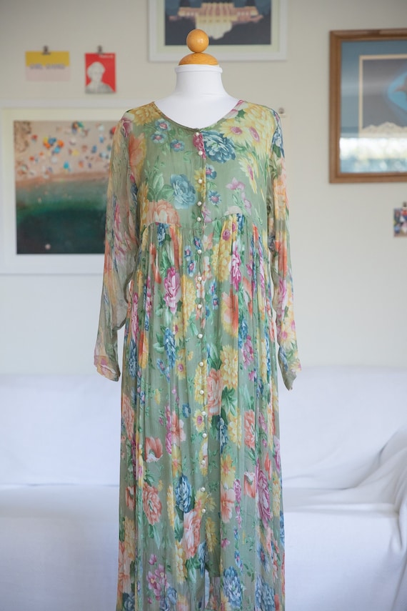 1990s Silk Watercolor Floral Print Dress