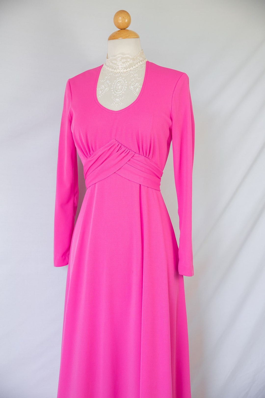 Pink Regency 1970s Hot Pink Regency Dress With Lace Bib / Edwardian / Victorian - Etsy