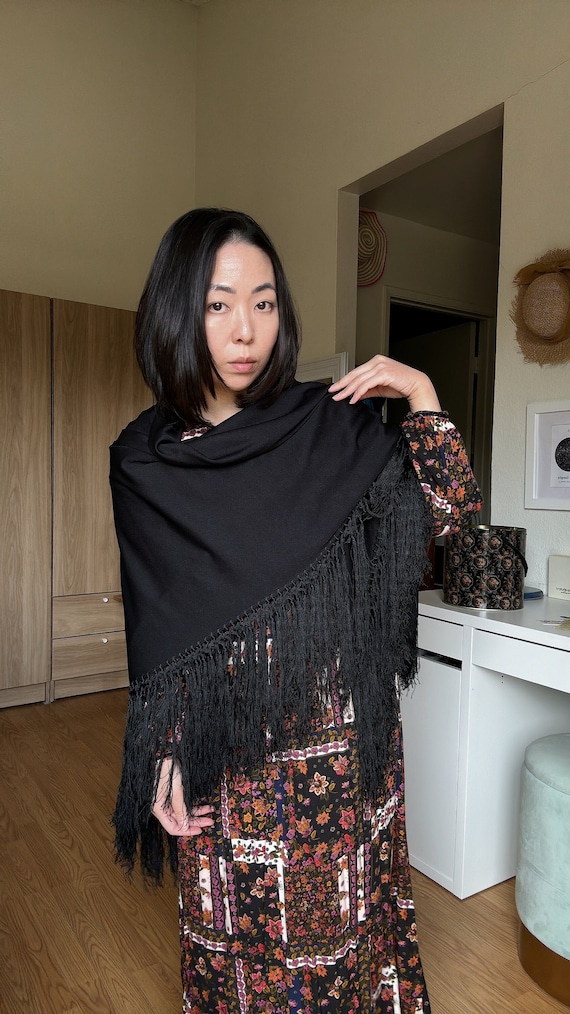 1970s Christian Dior Black Shawl with Tassels