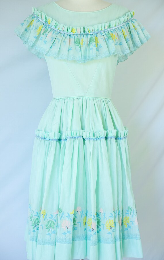 Pastel Green Flounce Dress with Floral Trim and R… - image 9