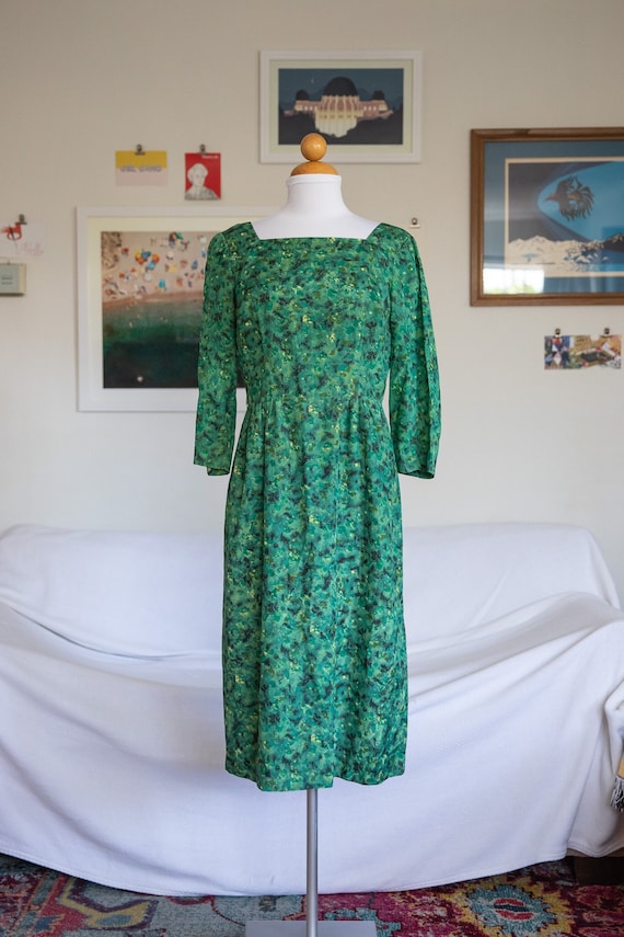 1950s Green Expressionist Print Wiggle Dress