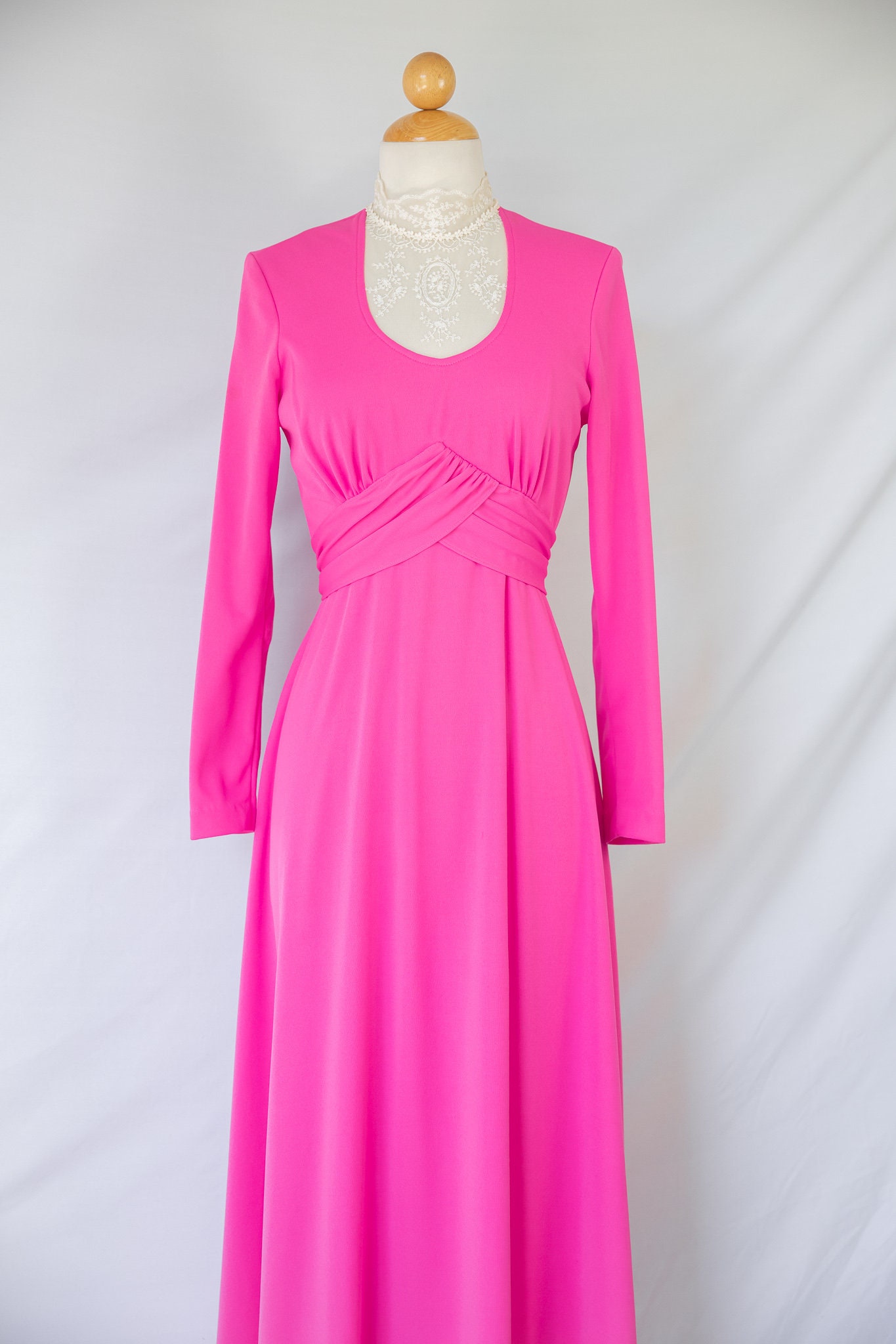 Pink Regency 1970s Hot Pink Regency Dress With Lace Bib / Edwardian / Victorian - Etsy