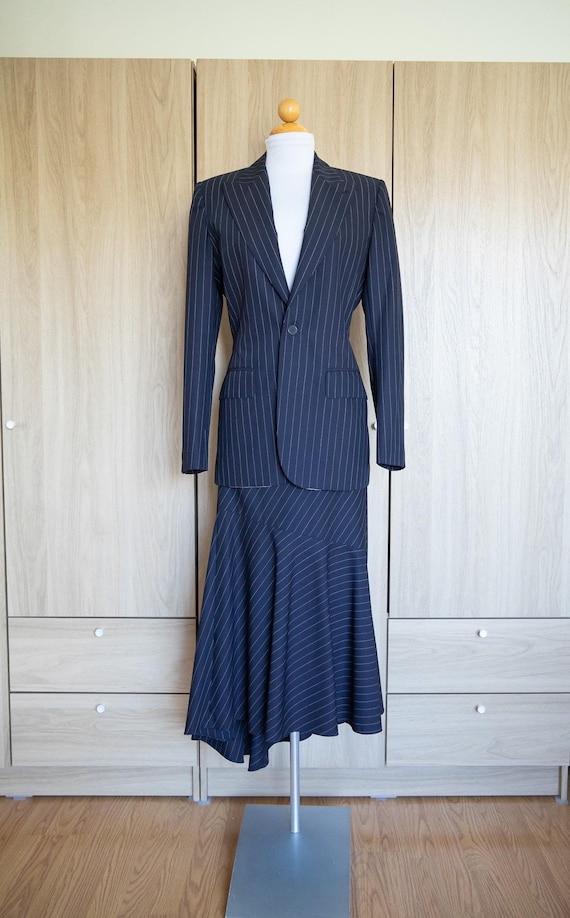 Jean Paul Gaultier, 1990s Jean Paul Gaultier Pinstripe Mens Suiting Fabric Jacket & Skirt Set Suit