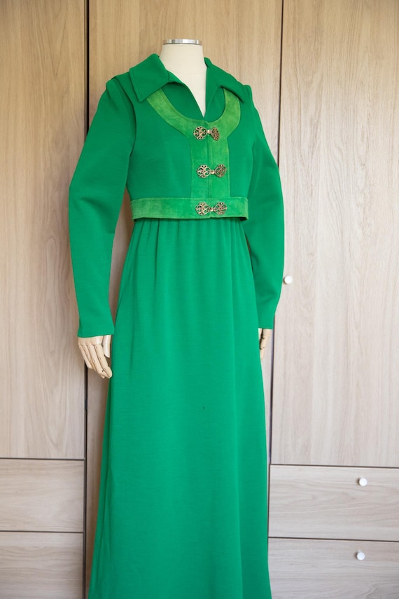1960s ALAMOR Joan Sparks Kelly Green Maxi Dress with Matching Vest