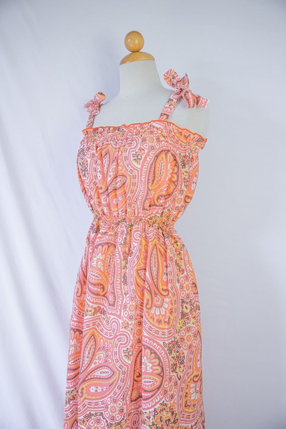 1960's Smocked Coral Paisley Dress with Shoulder T