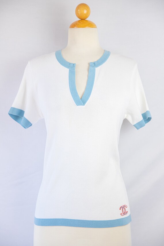 Y2K CHANEL CC Logos Short Sleeve Top / White and Light Blue / 