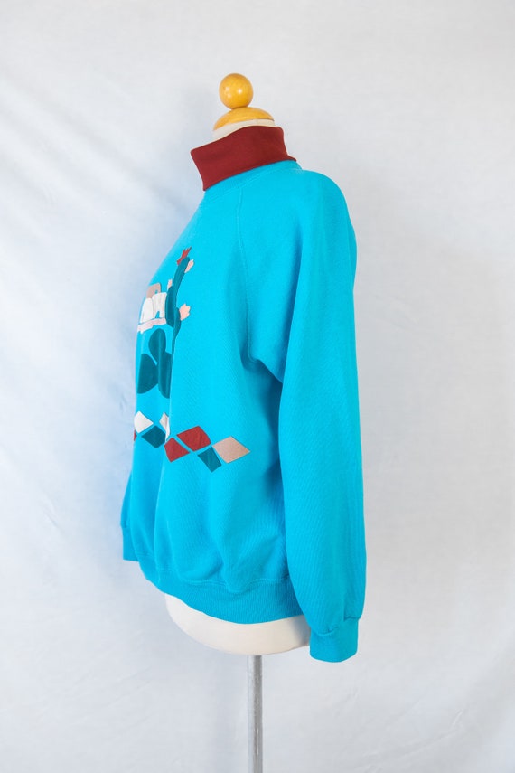 1980s Turquoise Southwest Turtleneck Sweatshirt /… - image 3