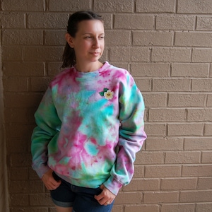 Tropical Flower, Ice Dyed, Hand Painted Graphic, One of a Kind, OOAK, Adult Unisex, Long Sleeve Sweatshirt, Unisex Small