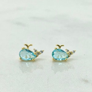 Blue topaz whale stud earring sterling silver • cute whale earring • minimalist whale earrings • gold whale earrings • ocean whale earrings