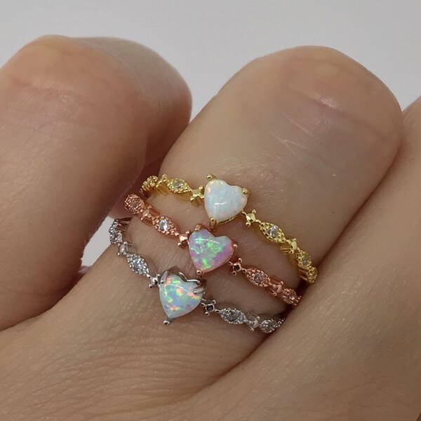 White opal heart ring sterling silver • love heart ring • promise ring • forever together ring • heart ring • valentines heart ring