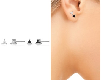 Onyx tiny triangle stud earring sterling silver • petite jewelry • minimalist earring • lab onyx studs • black diamond simulant