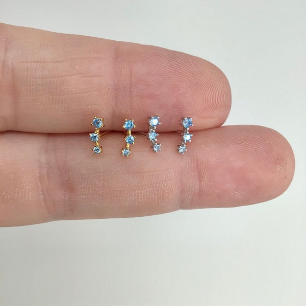 Aquamarine tiny climber stud earrings • ear crawler earring • aquamarine simulant dainty earrings • trio studs • trendy bar stud earrings