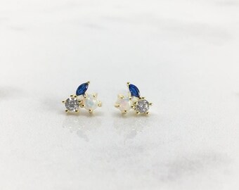 Cluster stud earrings sterling silver • opal stud earrings • white opal stud earrings • diamond simulant stud • sapphire  simulant earring