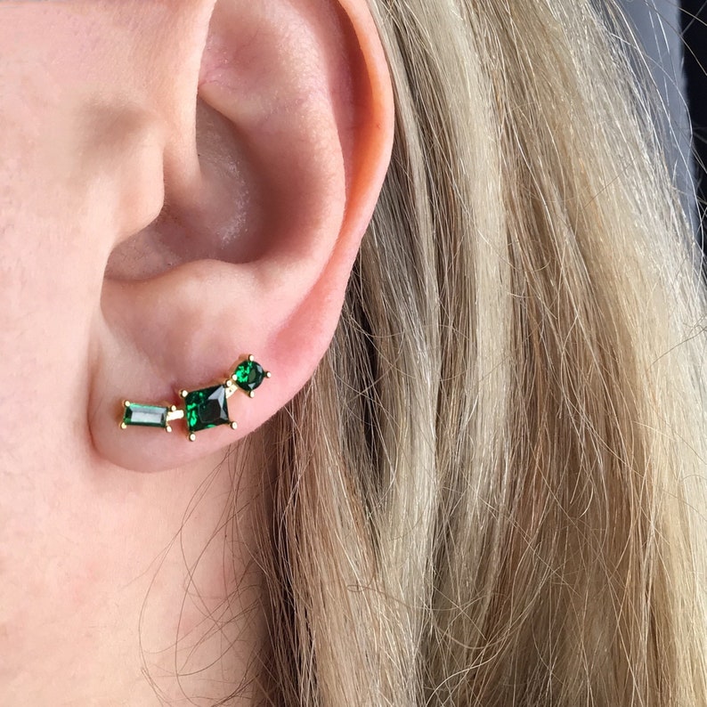 Green emerald stud earring sterling silver dainty ear crawler studs irregular stud earrings emerald cluster earrings Emerald studs image 5