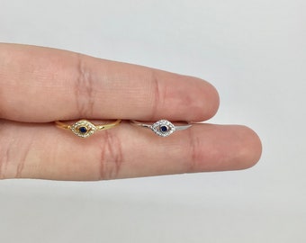 Dainty evil eye sapphire simulant ring • evil eye ring • good luck ring • dainty ring • sterling silver gold ring • tiny evil eye stone ring