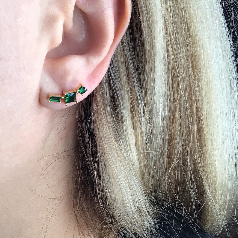Green emerald stud earring sterling silver dainty ear crawler studs irregular stud earrings emerald cluster earrings Emerald studs image 3