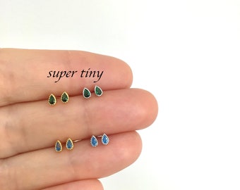 Teeny tiny teardrop sterling silver stud earrings • emerald dainty teardrop stud earrings • gold aquamarine teardrop stud earring • kid stud