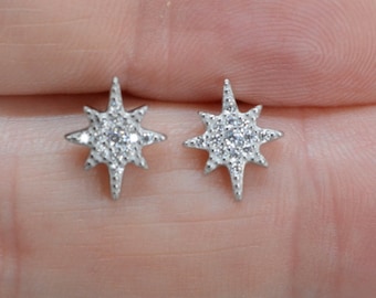 North star stud earrings sterling silver • CZ north star stud earrings • starburst earrings • galactic star studs • celestial stud earrings