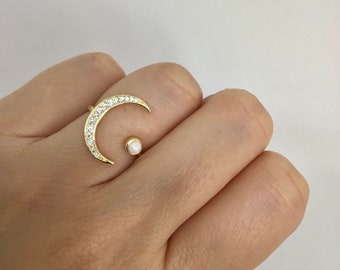 Crescent moon with white opal ring • cubic zirconia adjustable ring • Celestial ring • moon ring with white opal • half moon ring with opal