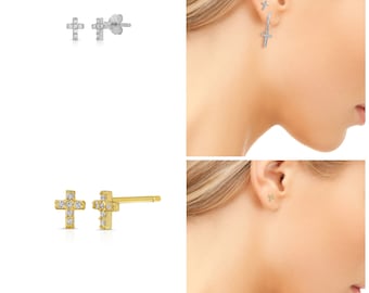 Tiny Cross Stud Earring Sterling Silver, Protection CZ Mini Cross Earrings, Cross Earrings, Silver Cross Jewelry, Baptism Gift
