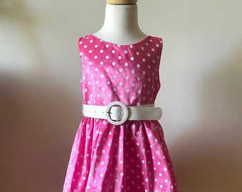 Vintage 60s Style Kids Polka Dot Dress: Pink Mod Belted Dress, Size 6