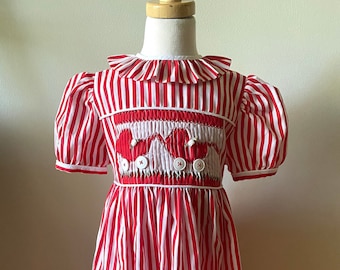 Vintage Handmade Kid Girls Circus Style Smocked Dress with Cross Stitch Baby Strollers/Birthday Party Carnival Striped Dress Size 4/5