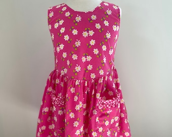 Vintage Girls Daisy Dress /Spring Summer Kids Floral Dress/Back to School Pink Flower Gingham Dress Size 6X