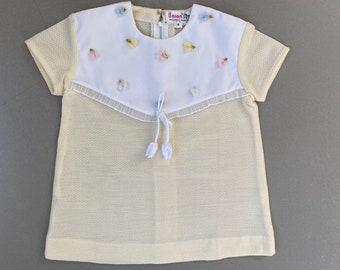 60s Vintage Pale Yellow Toddler Dress: Pastel Flower Details, Size 4