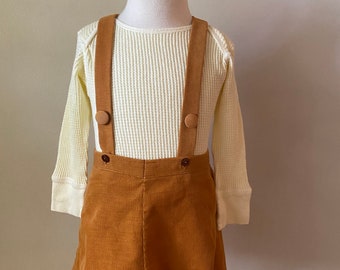 Vintage Toddler 2pc Corduroy Tan Overall Pinafore Dress/Fall Pumpkin Patch/Jumper/Thermal Top Dress Size 2-3T