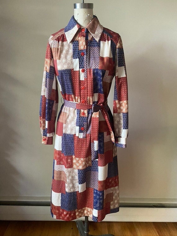 70s Vintage Womens Retro Mod Patchwork Print Dress