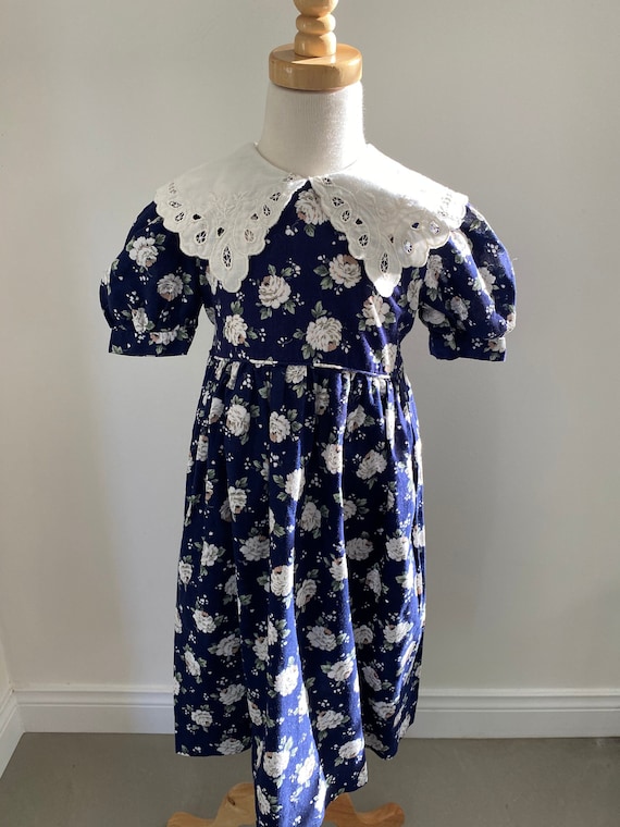 90s Vintage Kids Floral  Lace Trim Collar Dress/C… - image 1