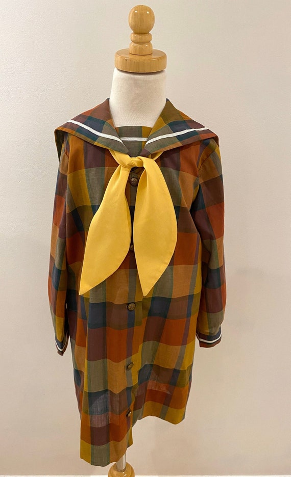 60s Vintage Kid Girls Retro Mod Plaid Tie Dress /… - image 1