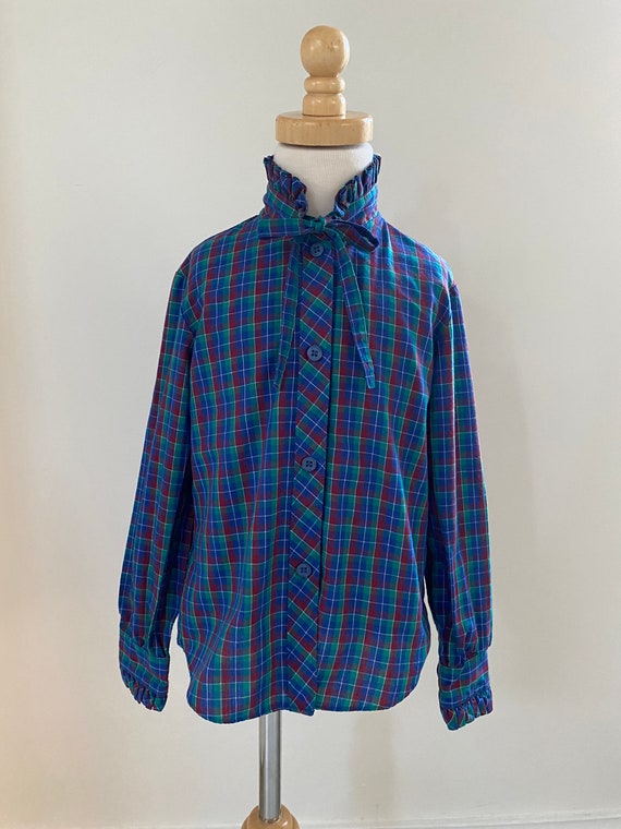 80s Vintage Girls Plaid High Collar Ruffle Blouse W/tie/classic 