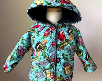 90-tals vintage barn Zoo Bugs fjärilsmönster vändbar jacka/manchesterjacka med huva djurtryck ytterkläder storlek 2T