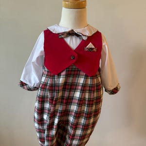 Vintage Red Plaid Baby Jumpsuit /Retro Jumpsuit /Bodysuit /Holiday Christmas Classic Suit Bow Tie Romper by Carriage Boutiques 9M