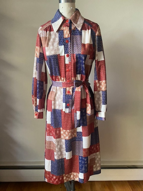 70s Vintage Womens Retro Mod Patchwork Print Dres… - image 4