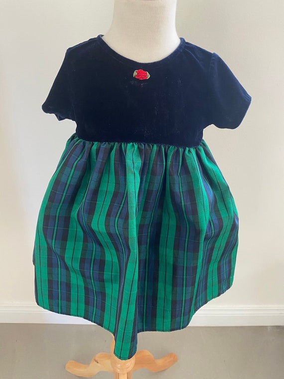 80s Vintage Kids Toddler Green Plaid Tarten Velve… - image 1